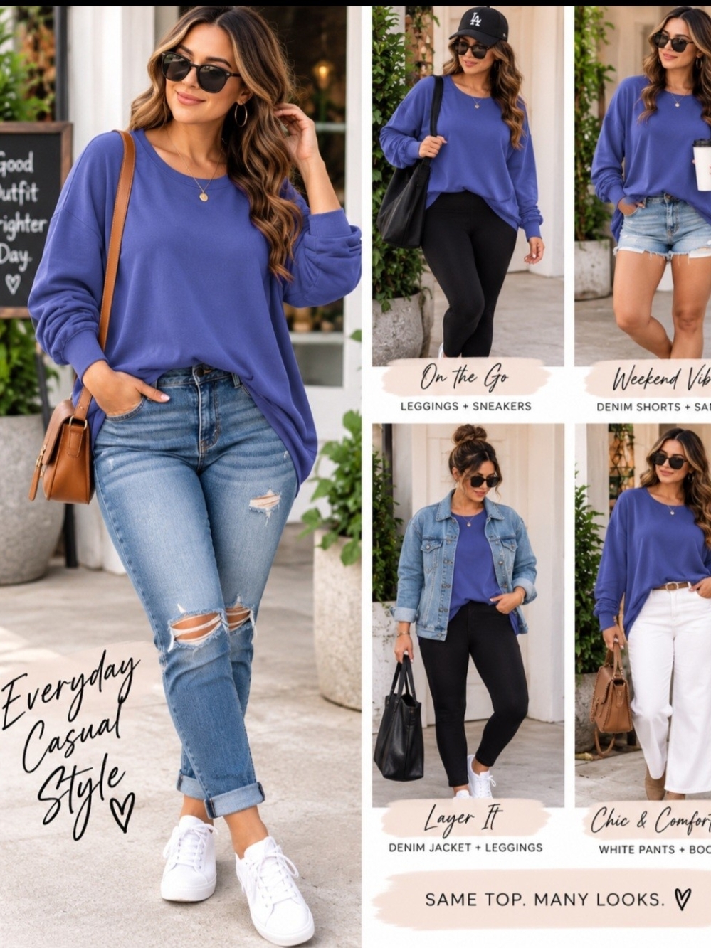 *Everyday Casual Women's Blue Pullover Top - Relaxed Long Sleeve
